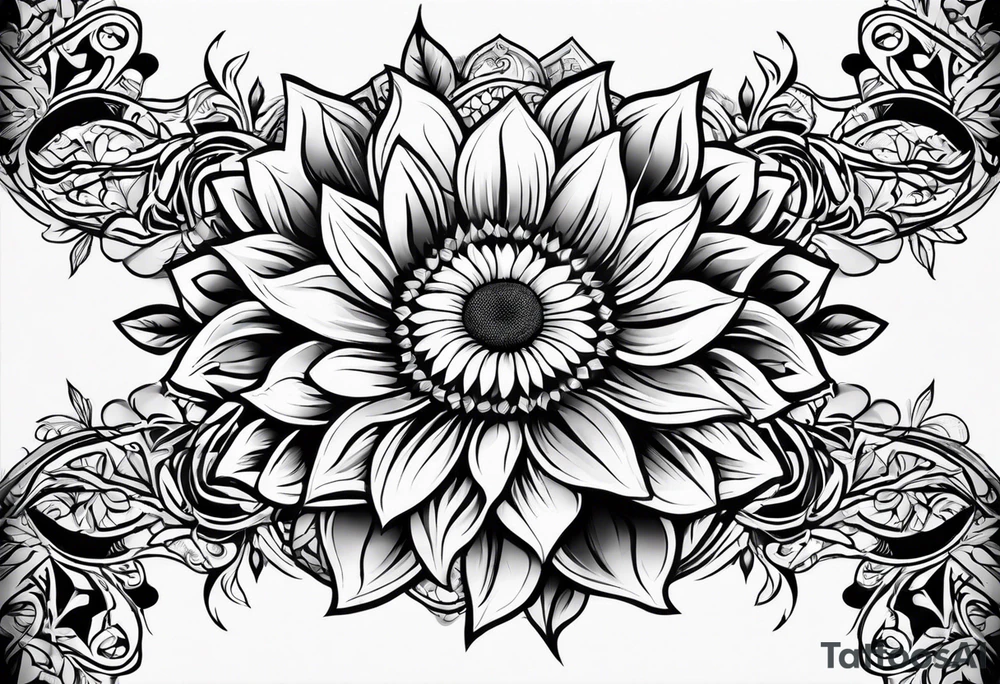 Tribal sunflower leg sleeve tattoo idea