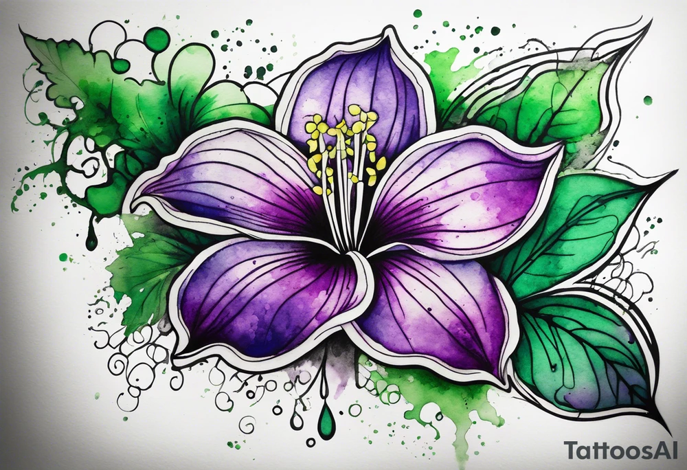 A mystical outline of a green and purple rio dipladenia flower and a green and purple watercolor splash in the background tattoo idea