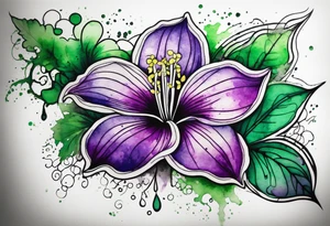 A mystical outline of a green and purple rio dipladenia flower and a green and purple watercolor splash in the background tattoo idea
