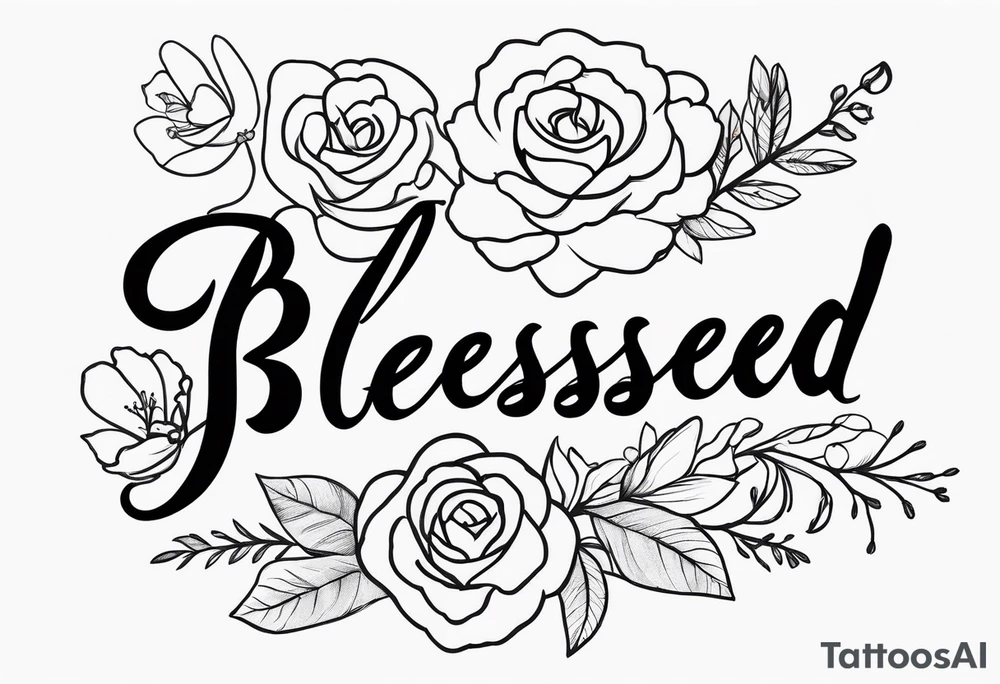 fine line tattoo that says “blessed” in cursive with a bouquet of flowers coming out the end of the word tattoo idea