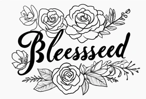 fine line tattoo that says “blessed” in cursive with a bouquet of flowers coming out the end of the word tattoo idea