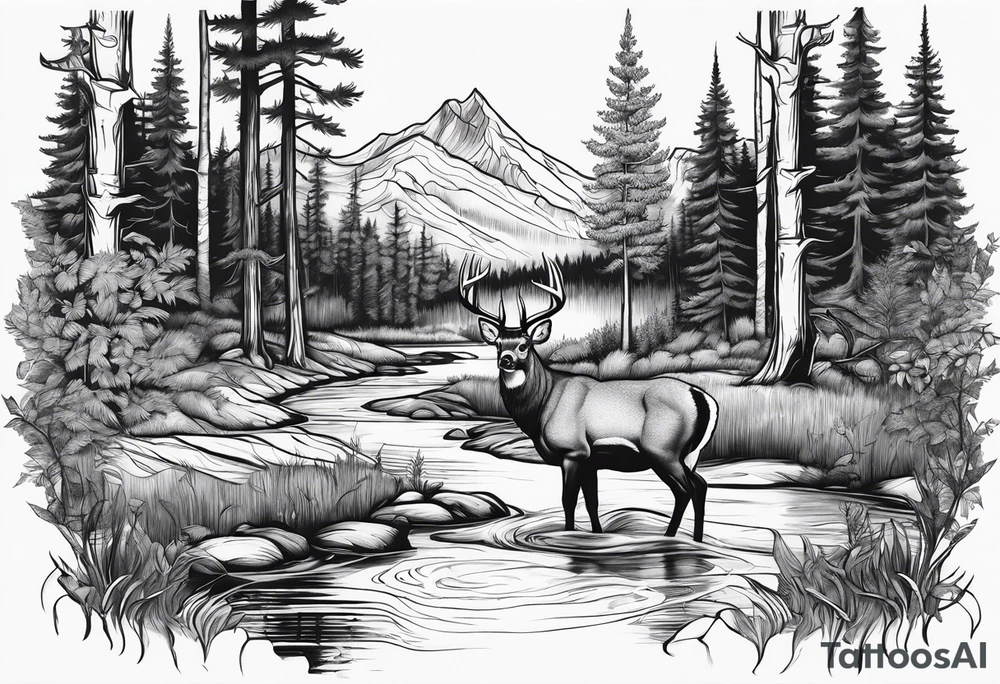 Forest with stream and whitetail buck for men tattoo idea