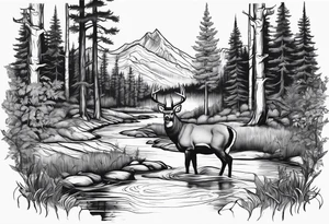 Forest with stream and whitetail buck for men tattoo idea