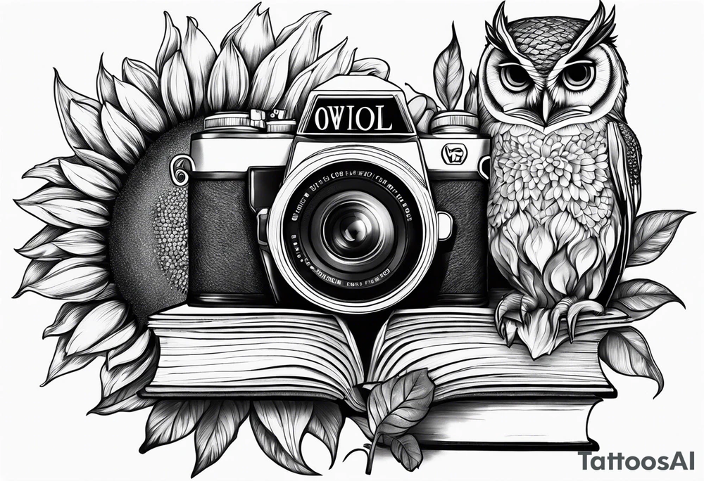 Sunflower, camera, book, peacock, owl tattoo idea
