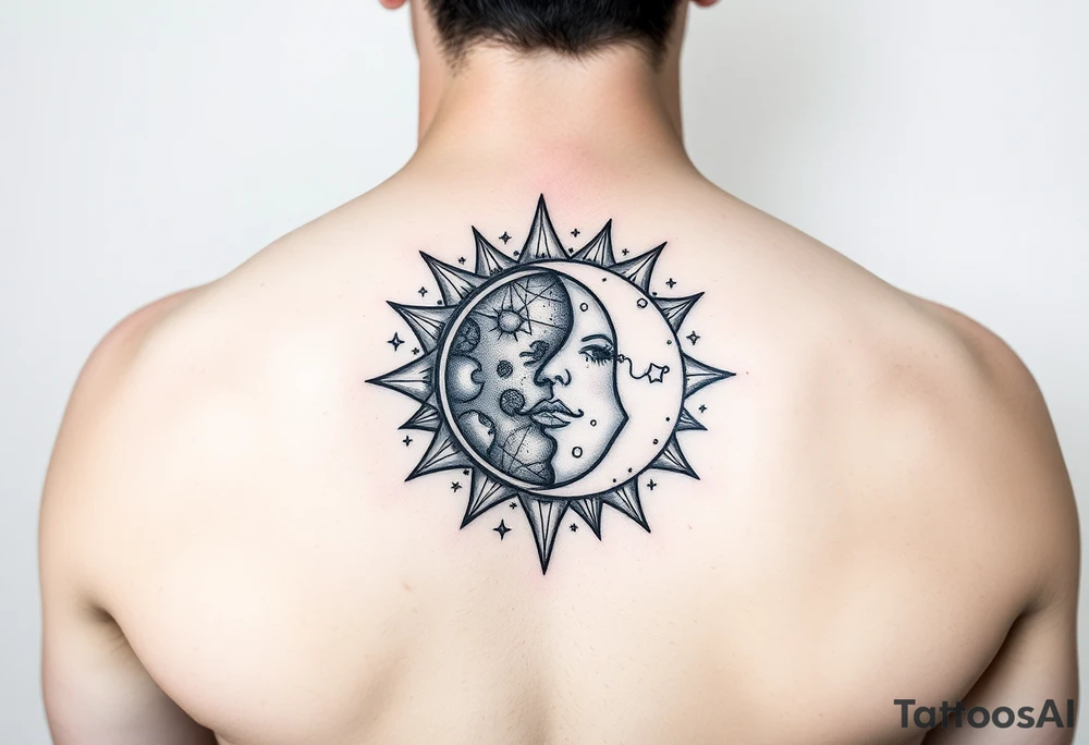 celestial sun and moon embrace with constellation patterns tattoo idea celestial sun and moon embrace with constellation patterns tattoo idea