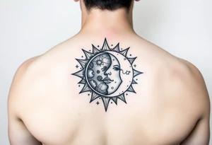 celestial sun and moon embrace with constellation patterns tattoo idea