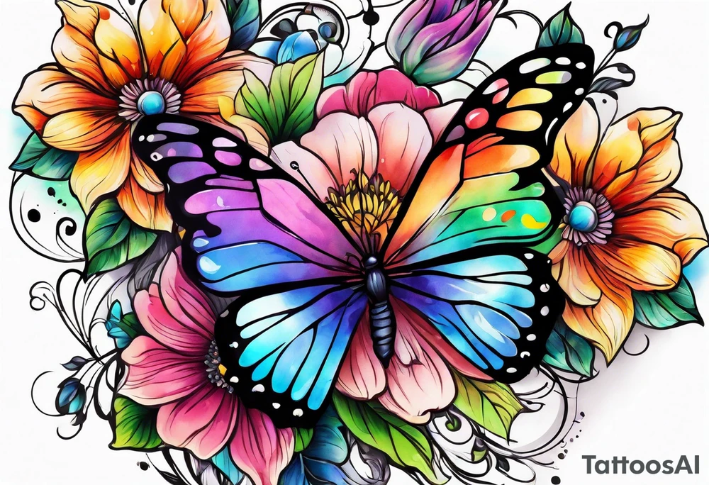 Arm sleeve with rainbow flowers and butterflies tattoo idea