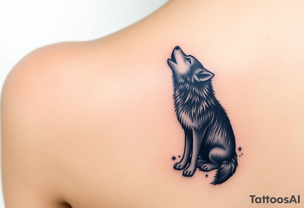 lone wolf howling at full moon with northern lights backdrop tattoo idea