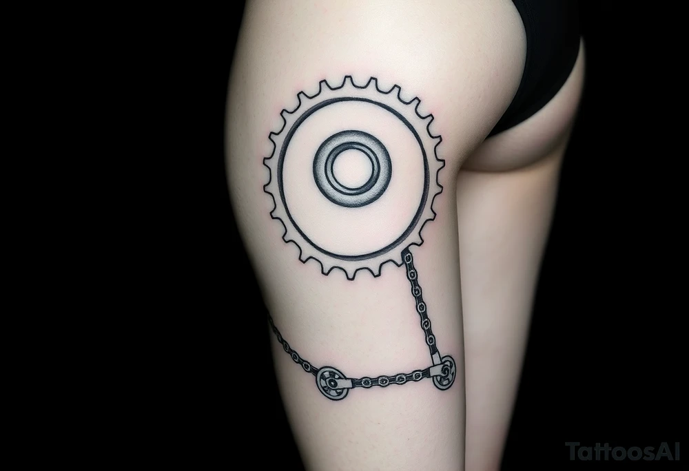 A large bicycle cog on my hip connected to a smaller bicycle cog on my knee via a bicycle chain and a smaller bicycle cog on my ankle connected to the bicycle cog on my knee using another bicycle chain tattoo idea