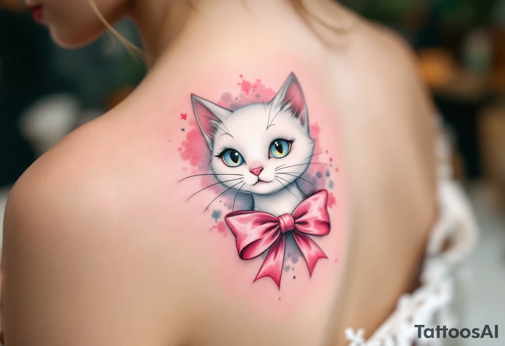 A dainty tattoo of the white cat Marie from The Aristocats with tipycall pink bow in soft shades of pink and gray. tattoo idea
