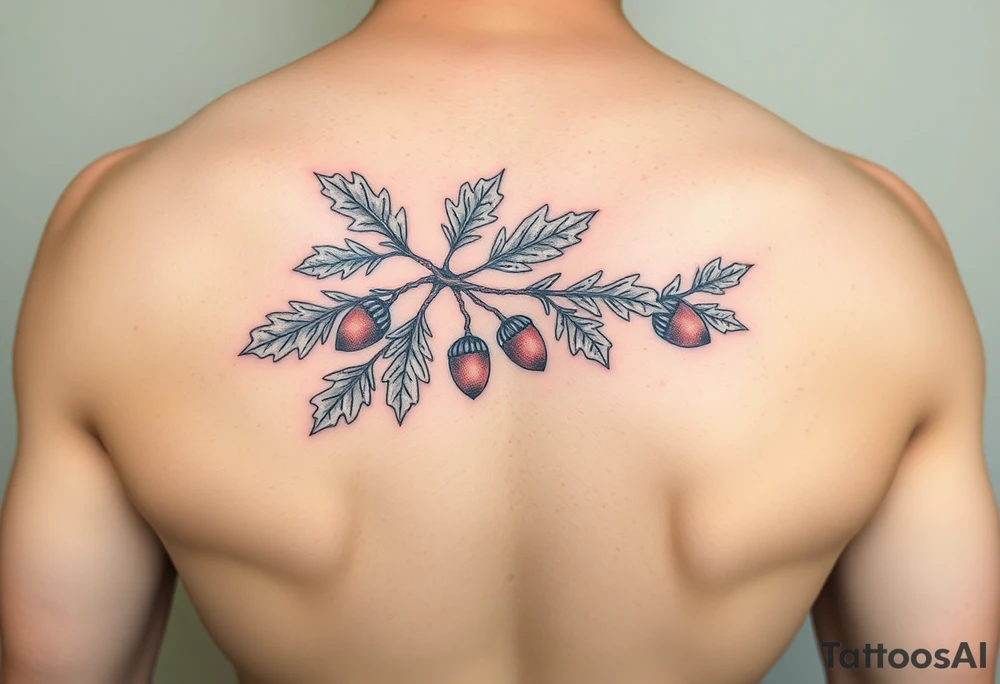 oak branch with thick leaves and acorns tattoo idea