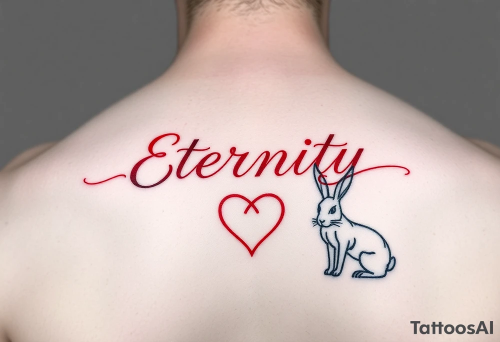 Eternity in elegant font in red and heart and rabbit zodiac sign tattoo idea