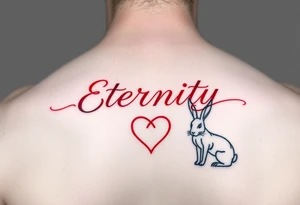 Eternity in elegant font in red and heart and rabbit zodiac sign tattoo idea