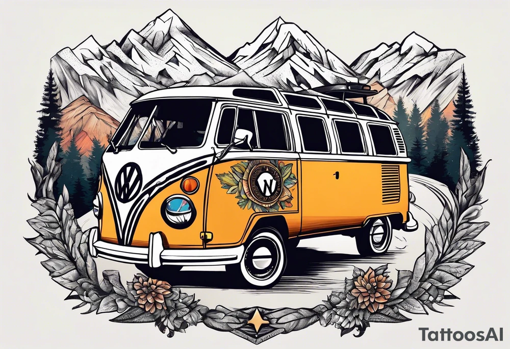 directional Compass rose, mountains and VW Komi campervan tattoo idea