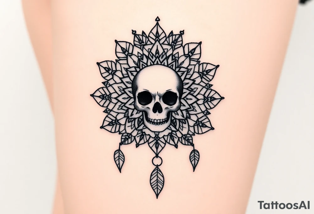 Mandala dream catcher lace with delicate skull and flowers wearing elegant crown tattoo idea
