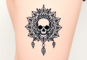 Mandala dream catcher lace with delicate skull and flowers wearing elegant crown tattoo idea