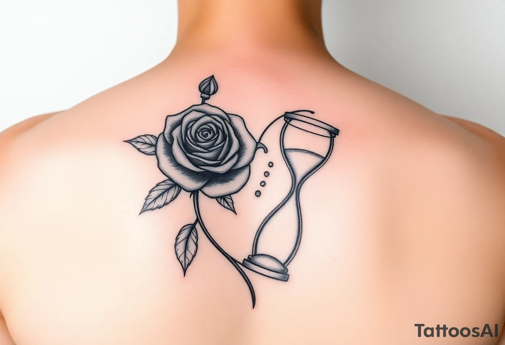 Arose in the shape of a heart with pieces of the Rose blowing away in the wind and the other half an hourglass with the sand out of time black and white feminine tattoo idea