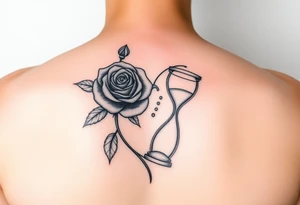 Arose in the shape of a heart with pieces of the Rose blowing away in the wind and the other half an hourglass with the sand out of time black and white feminine tattoo idea