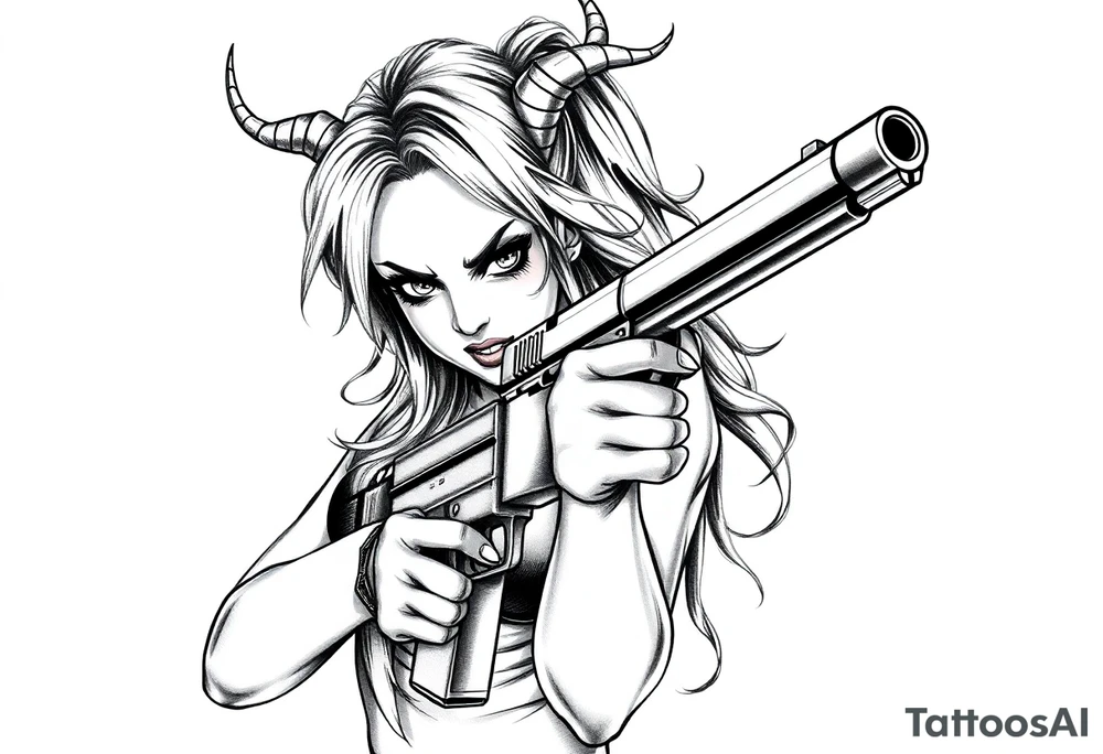 angry succubus holding gun, anime tattoo idea