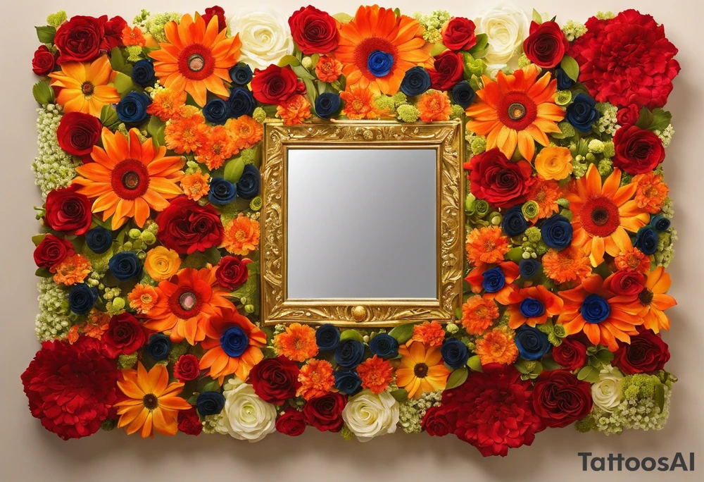 My idea is roughly a square mirror, surrounded by flowers. In the mirror, near the upper right corner, there is an eye (with a passionate, fiery feeling). The flowers are positioned in the upper left corner and the lower right corner. The floral arrangement would have leaves under the flowers, with a rose in the upper left and a daisy in the lower right. I'll add more details around the eye. I want the face to be very blurred, almost invisible, with only the eye being particularly clear, as if the entire face is backlit but the eye remains sharply in focus. Overall, I want to create the feeling that I am looking at this mirror. tattoo idea