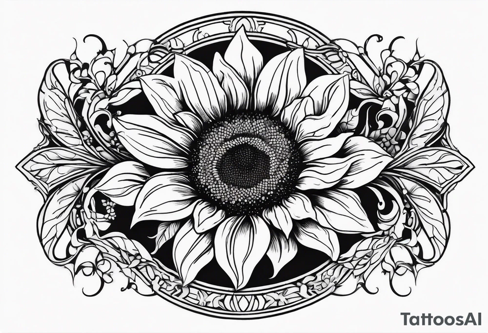 A steel horseshoe with a sunflower in the center tattoo idea