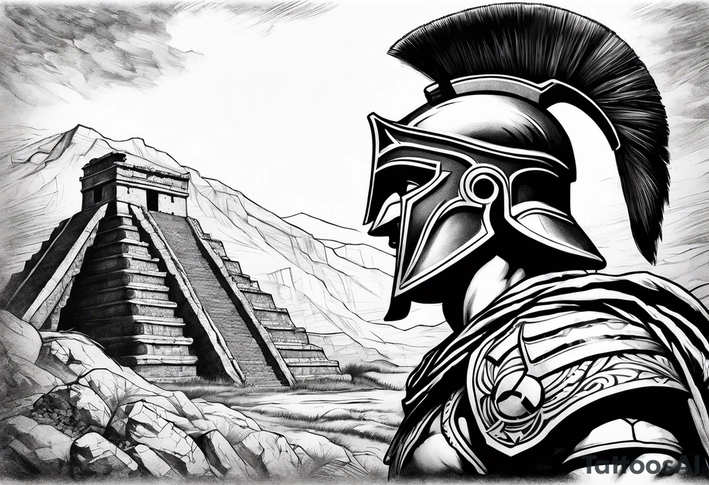 Close up of spartan solider face looking at distant ancient ruins tattoo idea
