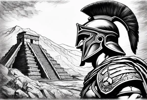 Close up of spartan solider face looking at distant ancient ruins tattoo idea