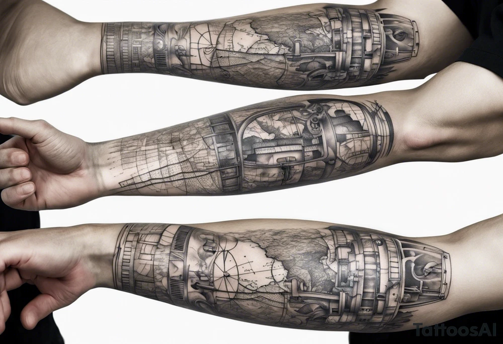 full arm tattoo for man with images of maps and travel and science tattoo idea