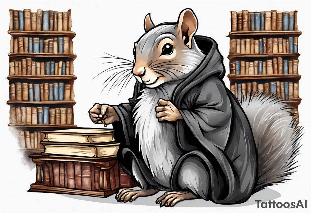an elderly grey squirrel with a long beard wearing a black robe sitting in an ancient library tattoo idea