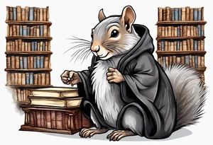 an elderly grey squirrel with a long beard wearing a black robe sitting in an ancient library tattoo idea