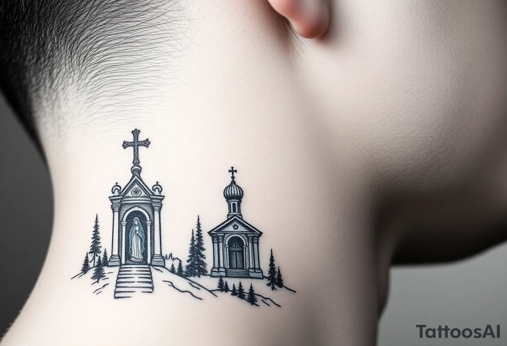 russian design traditional christian orthodox cross with a virgin mary stood beside the entrance of a russian orthodox dome church on the side of the neck in a wilderness setting with the design spread out the side of the neck tattoo idea