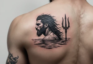 fit young poseidon with trident half way in calm water tattoo idea