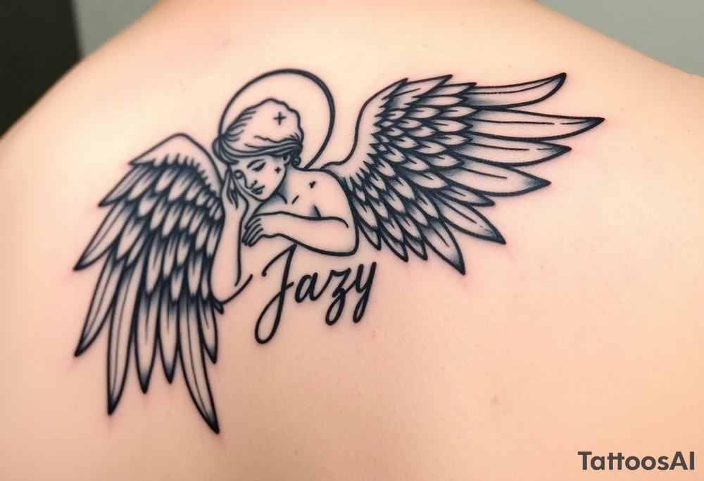 upper shooulder tattoo - Remembrance angel of a deceased best friend with the name Jazy incorporated tattoo idea