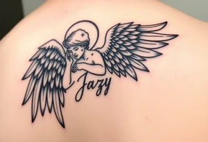 upper shooulder tattoo - Remembrance angel of a deceased best friend with the name Jazy incorporated tattoo idea