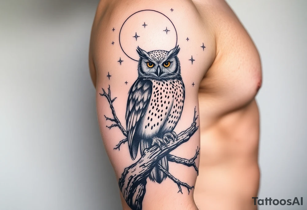 wise owl perched on ancient oak branch under starlit sky tattoo idea