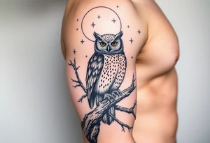 wise owl perched on ancient oak branch under starlit sky tattoo idea