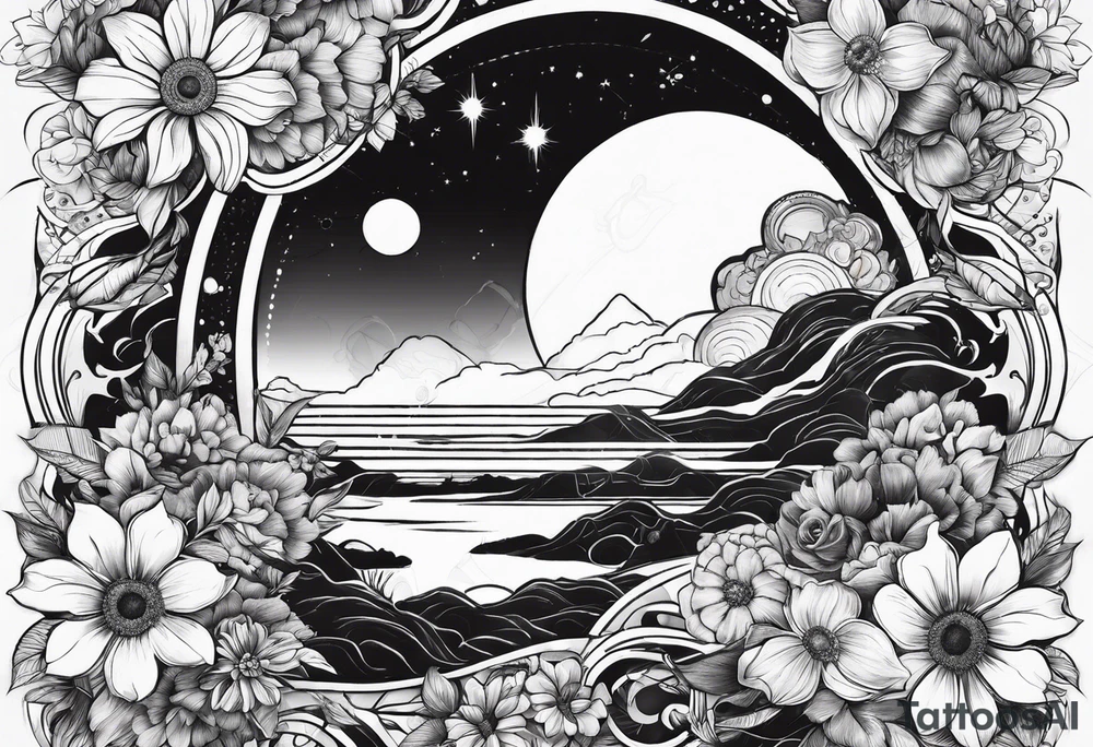 solar system with flowers spine tattoo idea