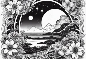 solar system with flowers spine tattoo idea