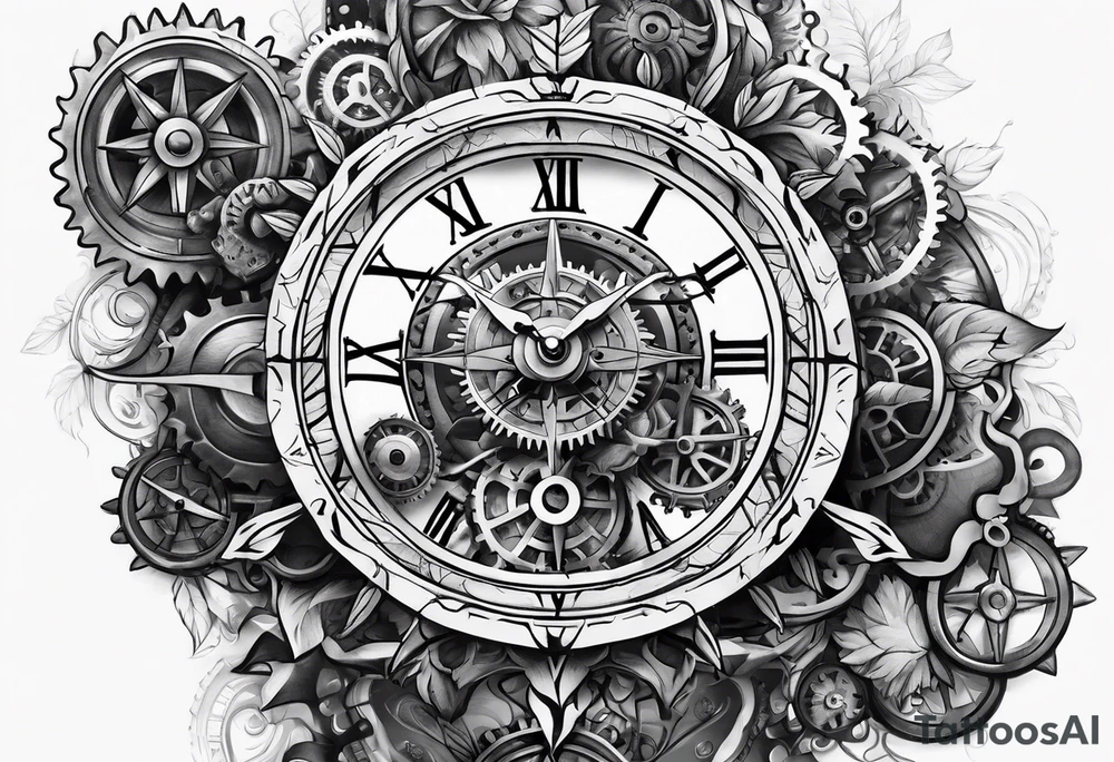 gears with clock and compass tattoo idea