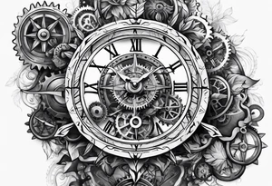 gears with clock and compass tattoo idea