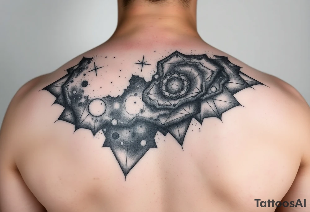 nebula that covers the upper middle back and is geometric that also uses negative spaces tattoo idea