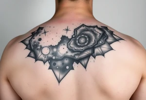 nebula that covers the upper middle back and is geometric that also uses negative spaces tattoo idea