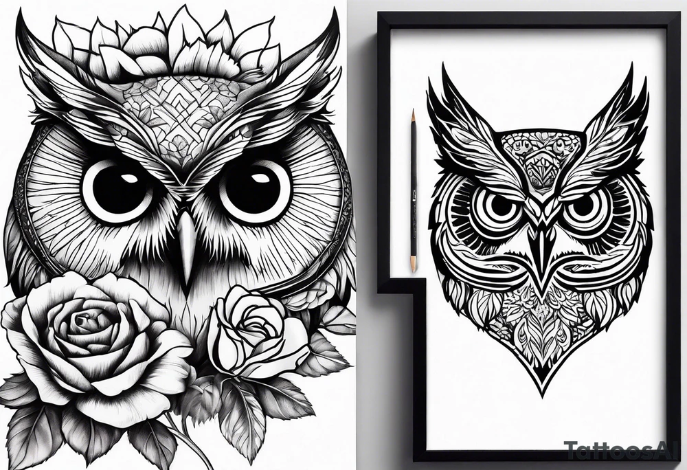Sunflower and rose flower, owl tattoo idea