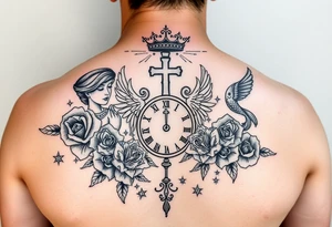 Roulette casino and princess and cross, baby angels, roses and clock and stars and fish, crown tattoo idea