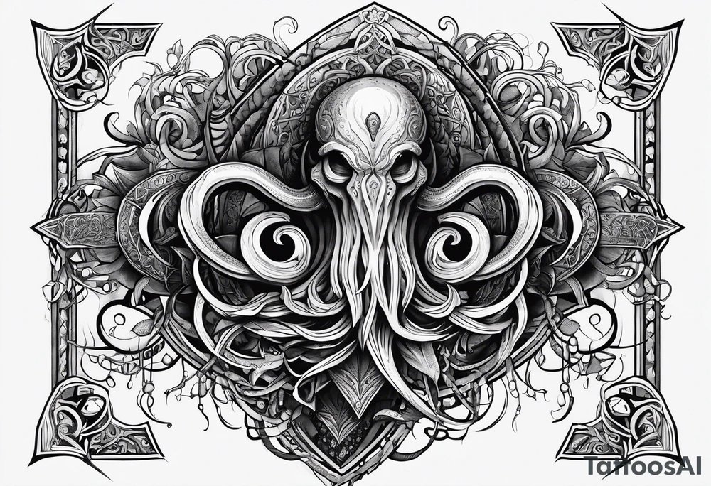 Long tattoo for arm. Lovecraftian creature, protecting a heart. Ctulhu. tattoo idea