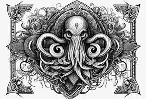 Long tattoo for arm. Lovecraftian creature, protecting a heart. Ctulhu. tattoo idea