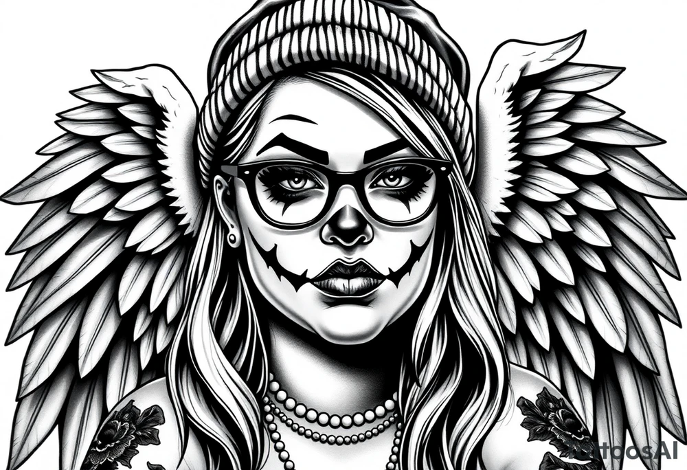 Chicana BBL fat sexy chunky plus size beautiful long hair clown makeup angel wings thug beanie eyeglasses tattoo idea