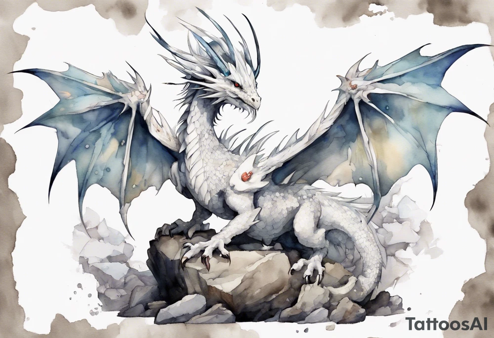a white bird-dragon hybrid, wearing a iron crown, perched on a stone tattoo idea