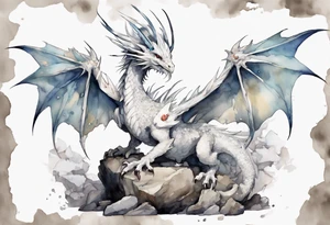a white bird-dragon hybrid, wearing a iron crown, perched on a stone tattoo idea