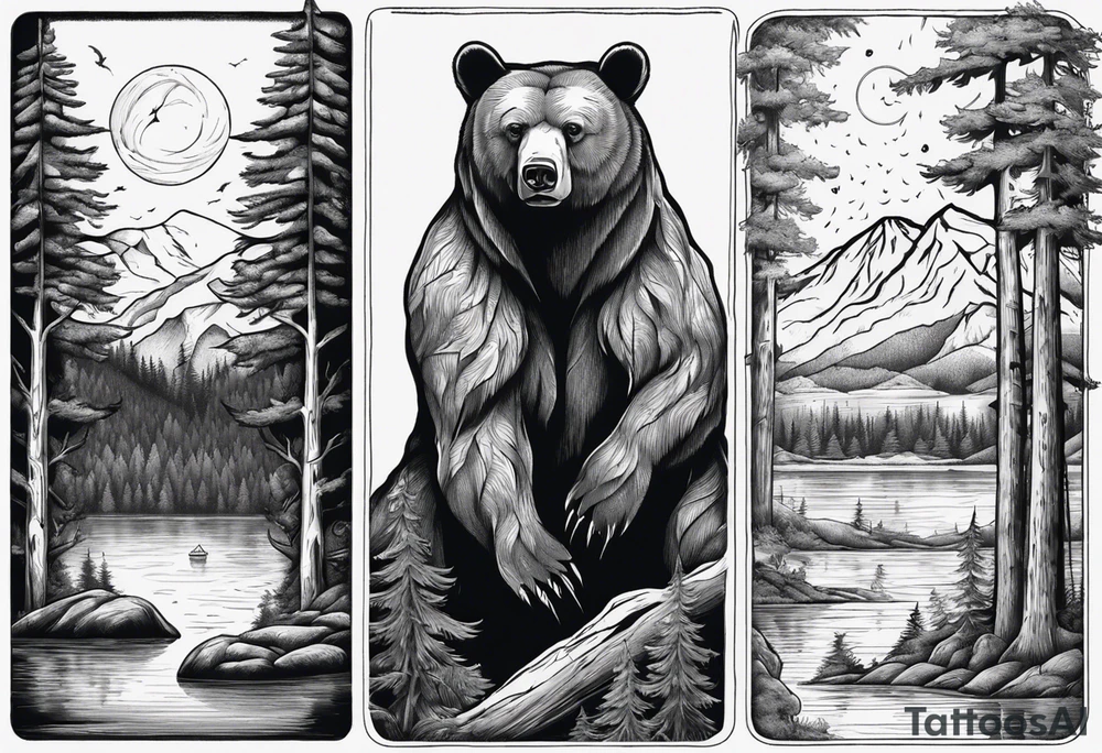 bear, forest, lake, appalachia, arm sleeve tattoo tattoo idea